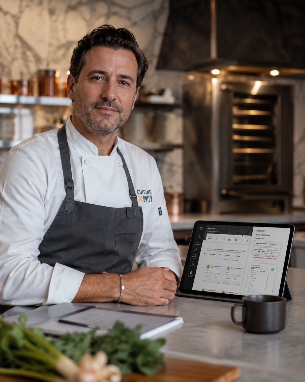 A chef reviewing his dishes and Playbook status on a tablet