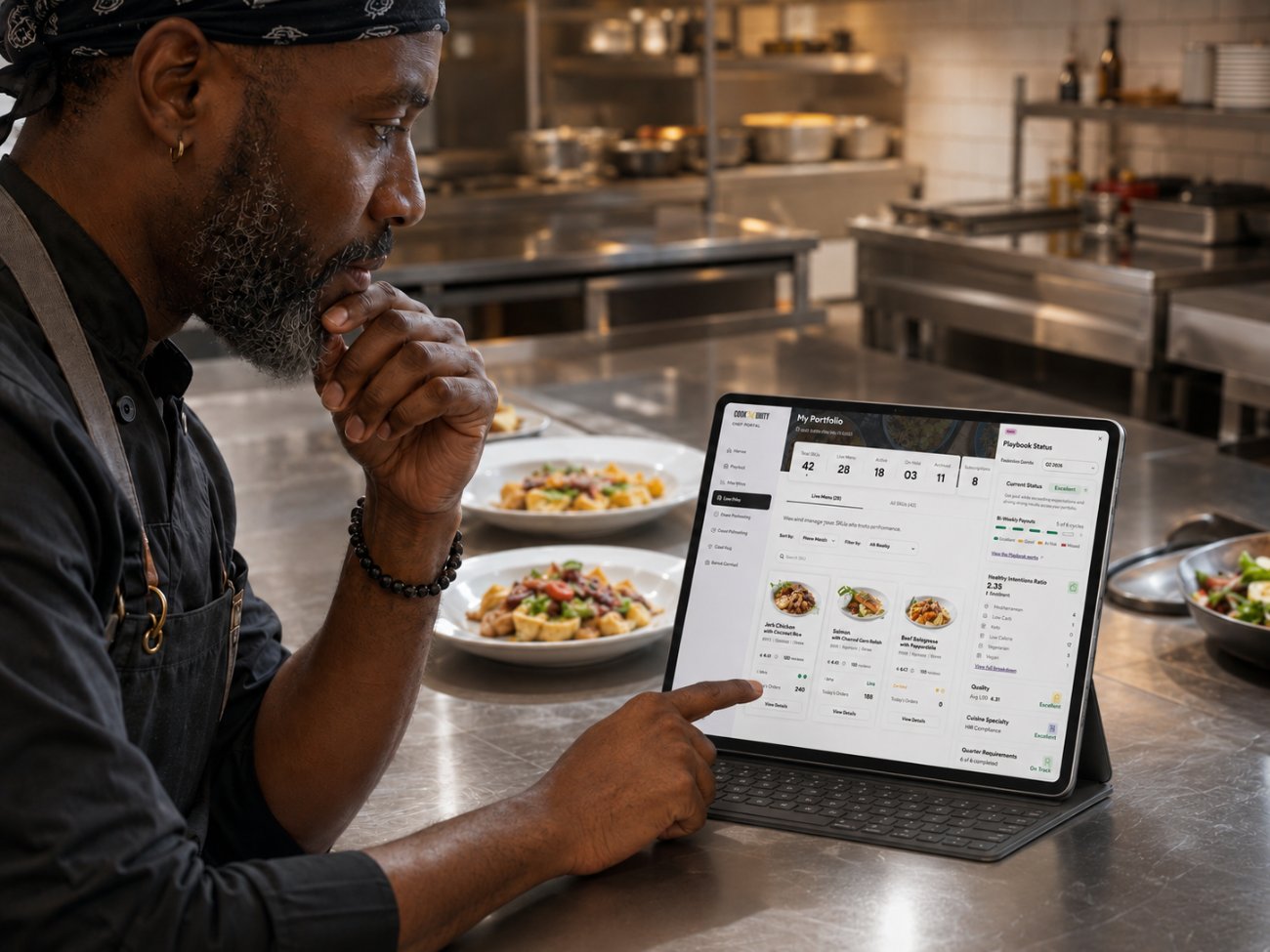 A chef reviewing the My Portfolio dashboard on a tablet at a kitchen pass