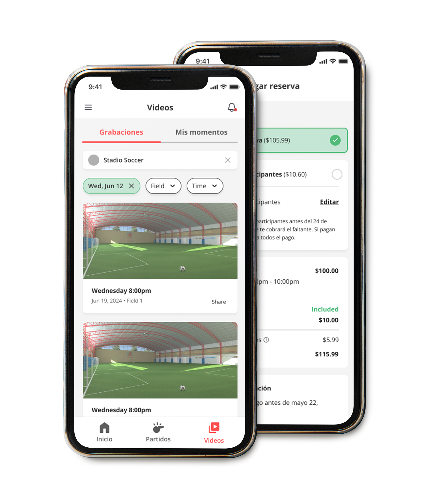 Fanaty Video screen showing match recordings organized by date and field
